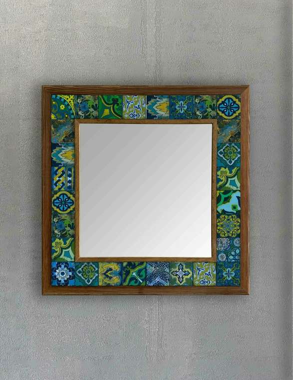 Настенное зеркало 43x43 с каменной мозаикой сине-зеленого цвета