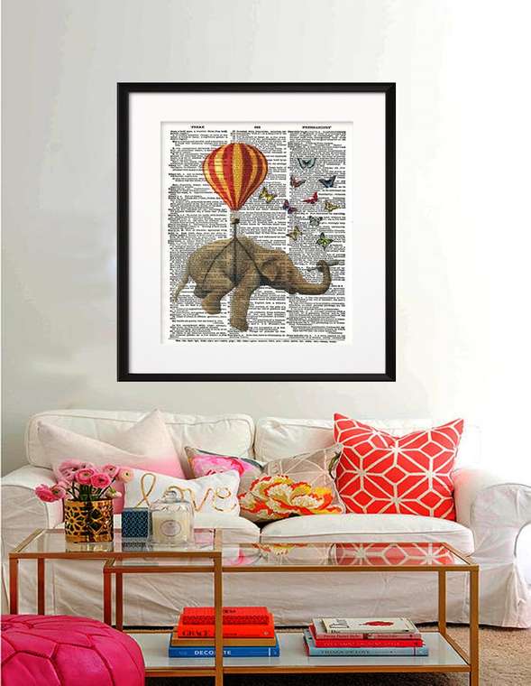 Постер слон и бабочки А3 на бумаге 