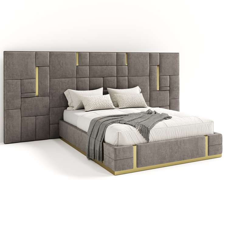 Кровать Nuvola d’oro 160х200 светло-серого цвета с золотыми молдингами и подъемным механизмом 