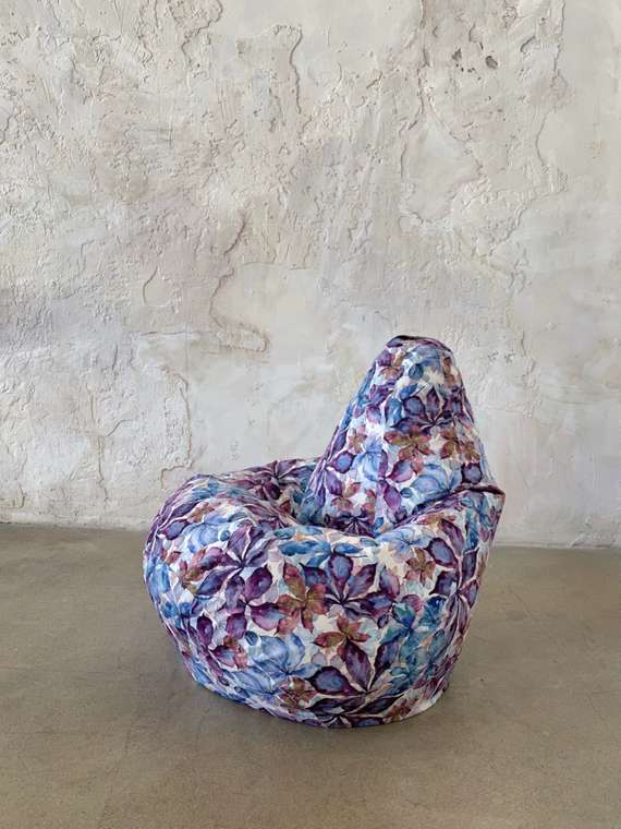 Кресло-мешок Груша Цветы XL фиолетово-голубого цвета