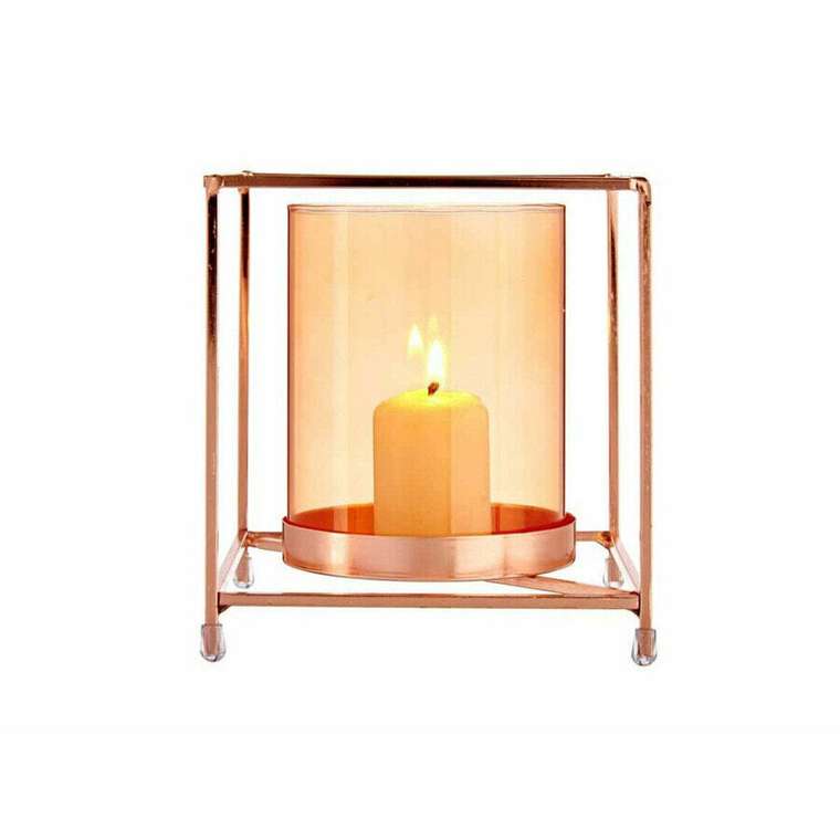 Подсвечник Квадратный Медь Янтарь 14 x 15,5 x 14 cm Позолоченный Металл Cтекло