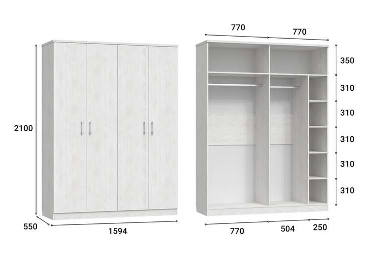 Шкаф четырехдверный для одежды Виктория белого цвета