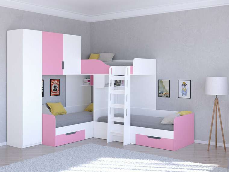 Двухъярусная кровать Трио 1 80х190 бело-розового цвета
