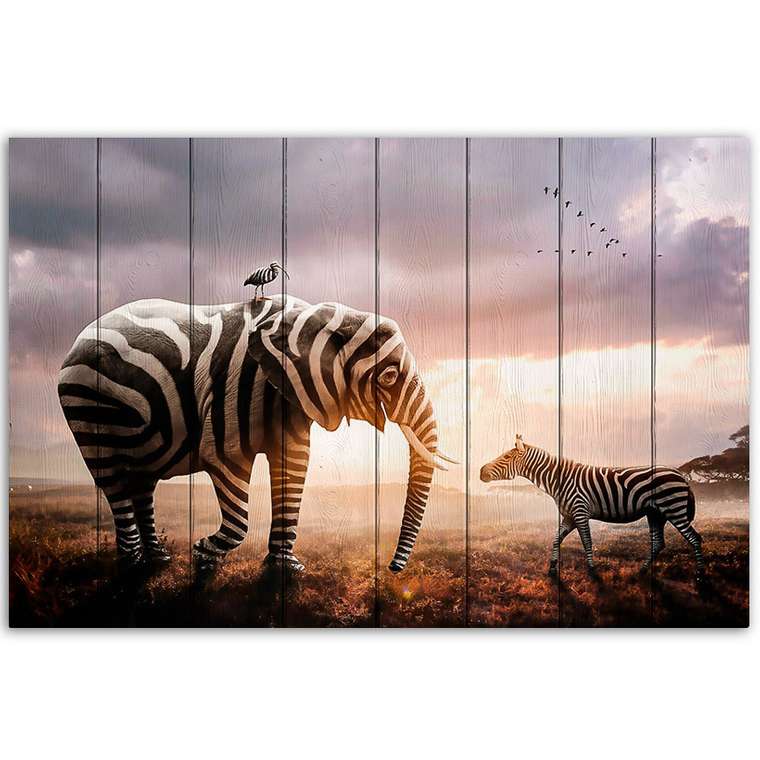Картина на дереве Полосатый слон и зебра 40х60 см