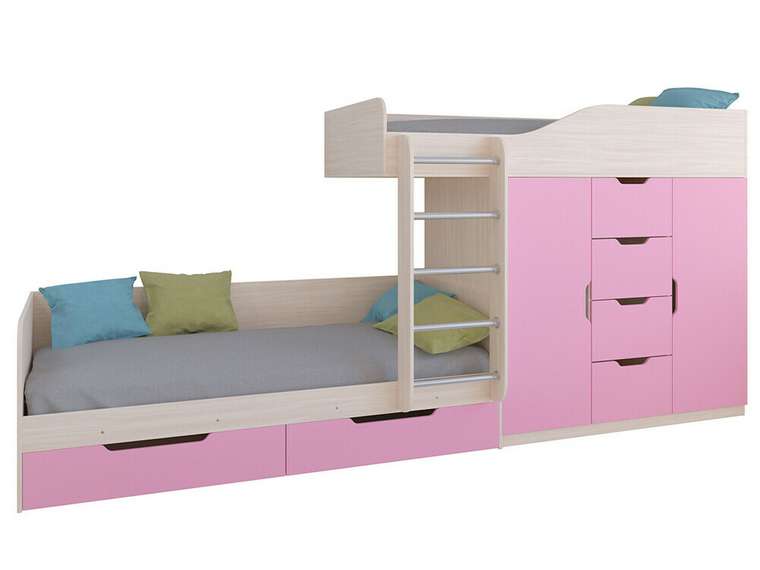 Двухъярусная кровать Астра 6 80х190 цвета Дуб молочный-розовый