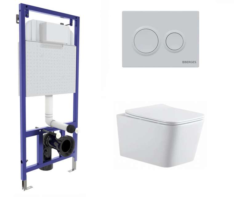 Комплект 3 в 1 инсталляция Berges Novum O4 + Подвесной унитаз SinteSi BALTI с кнопкой белой