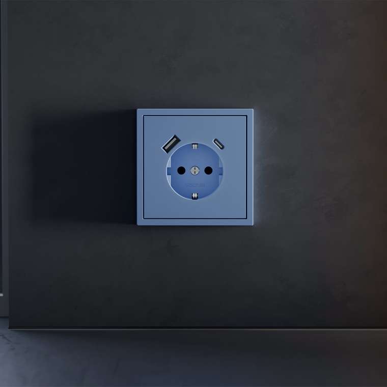 Накладка для розетки с заземлением и защитными шторками, с USB A+C, S70 (деним)