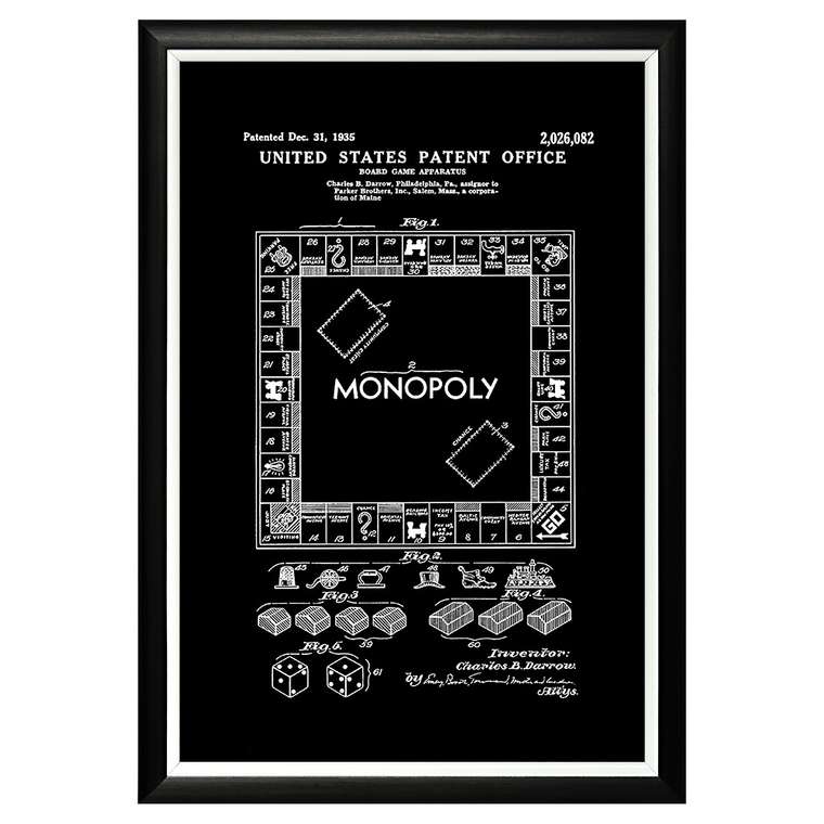 Арт-постер Патент на игру Монополия в раме из пластика 