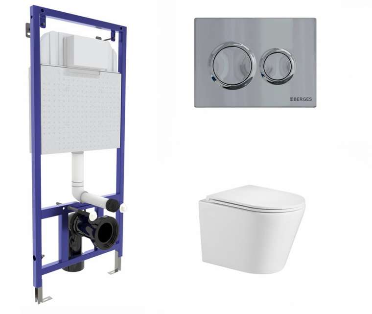 Комплект 3 в 1 инсталляция Berges Novum O3 + Подвесной унитаз WeltWasser Salzbach 041 GL-WT с кнопкой глянцевой хром
