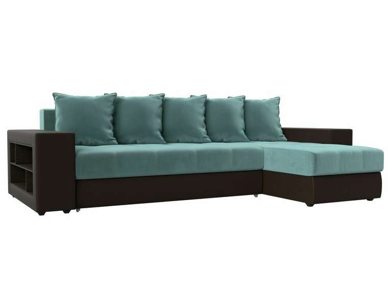 Угловой диван-кровать Дубай бирюзово-коричневого цвета (ткань/экокожа)  правый угол