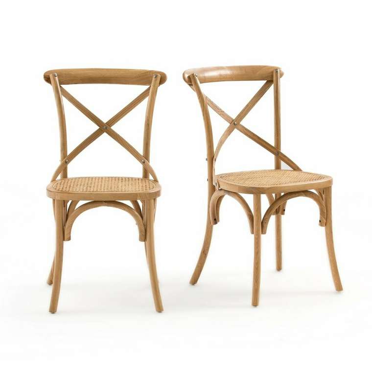 Комплект из двух стульев из дуба и плетеного ротанга Cedak бежевого цвета