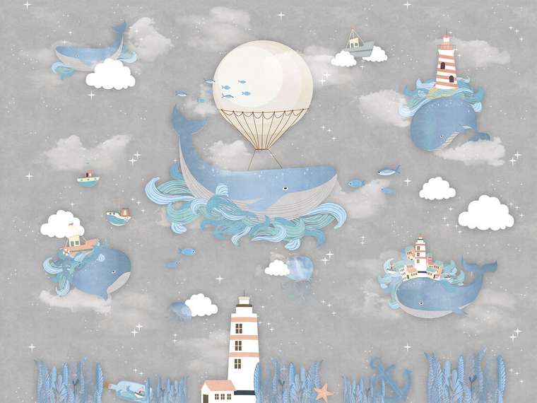 Фотообои Киты на маяке серо-голубого цвета