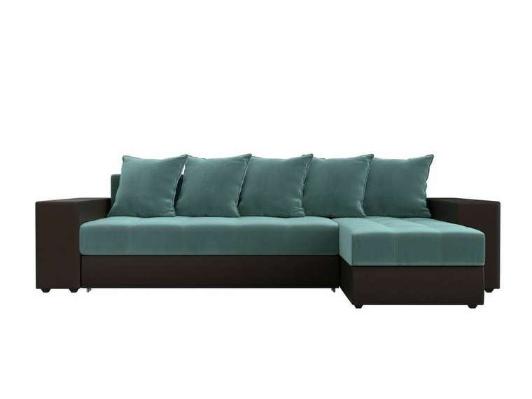 Угловой диван-кровать Дубай бирюзово-коричневого цвета (ткань/экокожа)  правый угол