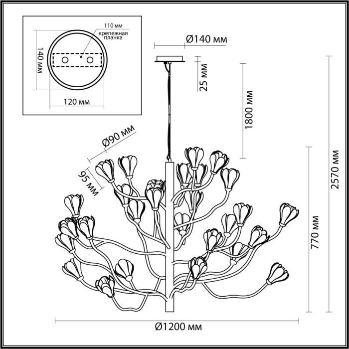 Подвесная люстра Odeon Light Gardi 5090/30 черный матовый/белый/фарфор G4 LED 30*5W с цветами