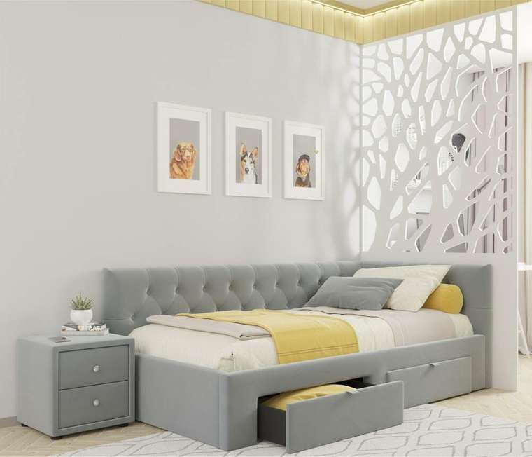 Кровать Afelia 90х200 серого цвета с двумя ящиками и ортопедическим основанием 