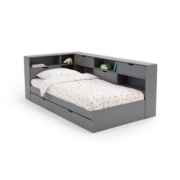 Кровать с ящиком отделениями для вещей и кроватным основанием Yann 90x190 серого цвета
