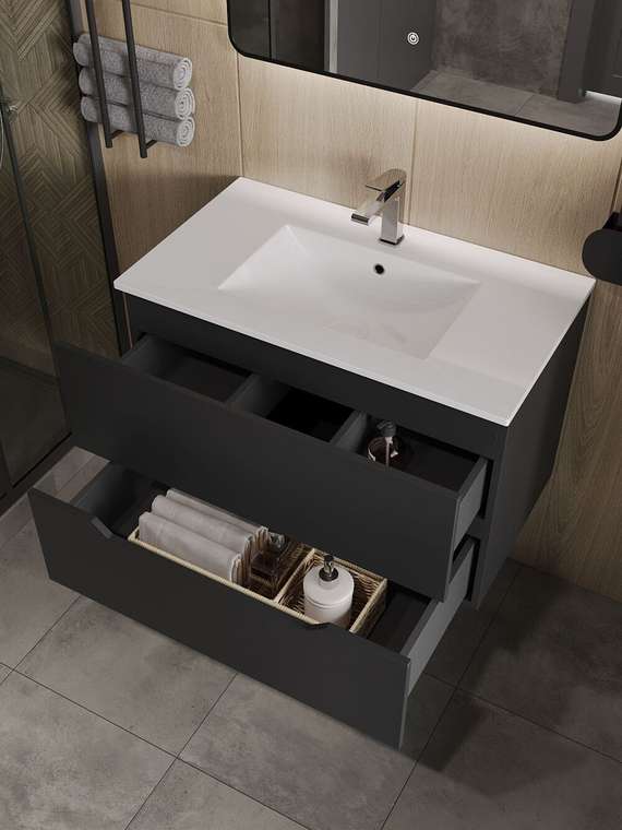 Подвесная тумба с раковиной Orange Лайн Li-80Tub+Ra черного цвета