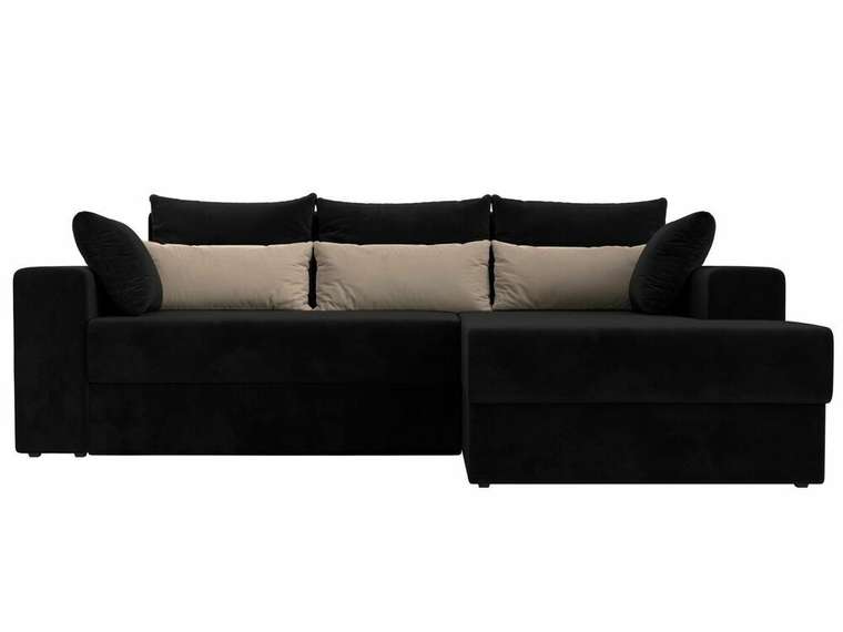 Угловой диван-кровать Майами черного цвета с бежевыми подушками правый угол