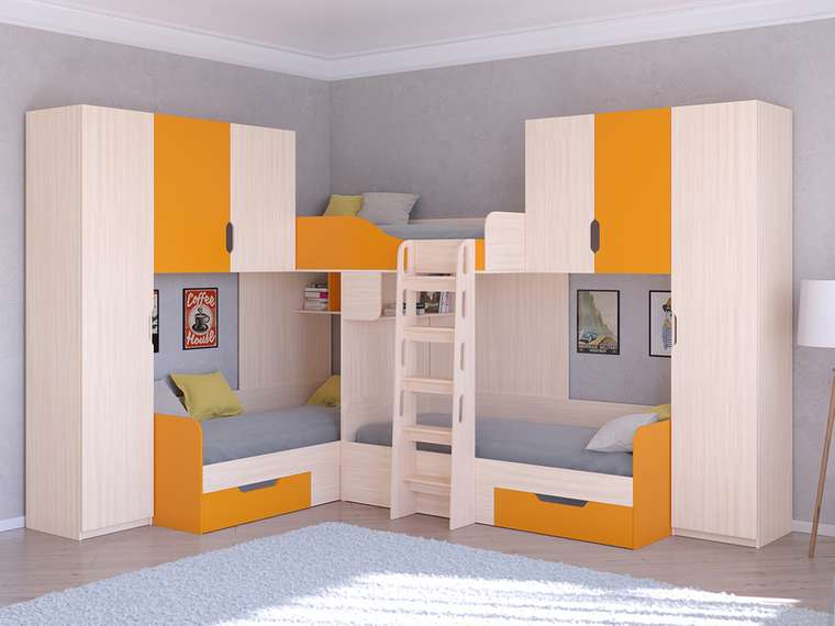 Двухъярусная кровать Трио 3 80х190 цвета Дуб молочный-оранжевый