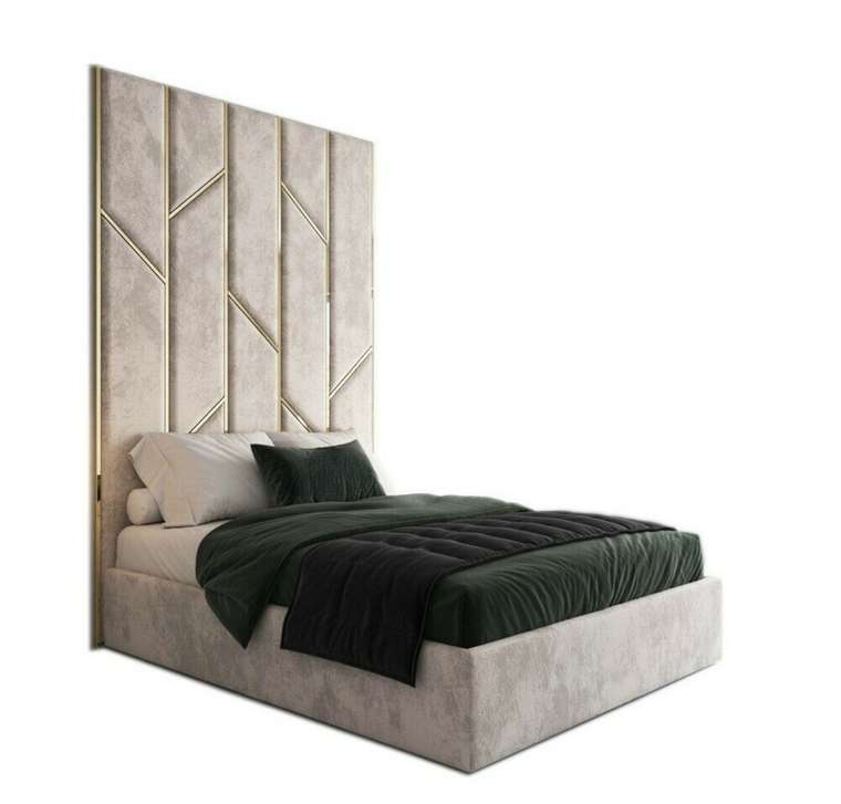 Кровать Renny 160х200 серого цвета с золотыми молдингами и подъемным механизмом