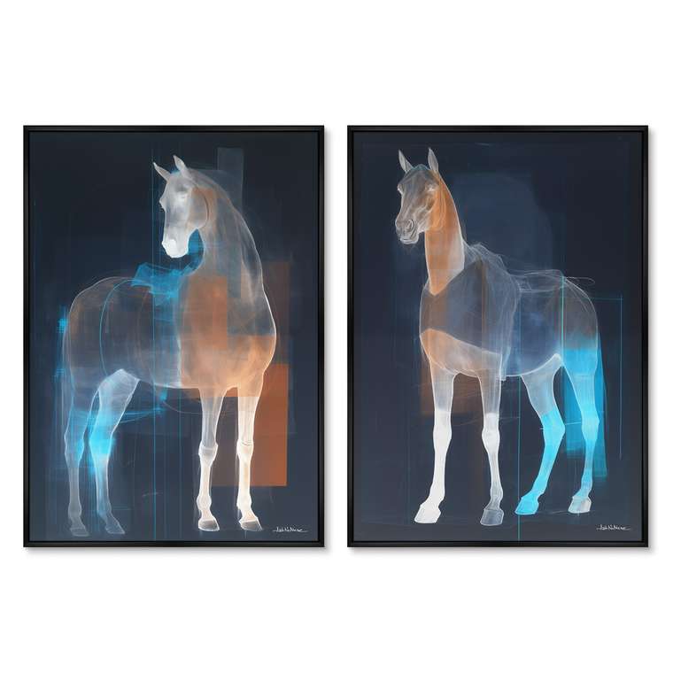 Набор из двух репродукций картин Horses in a color glow, 2024г.