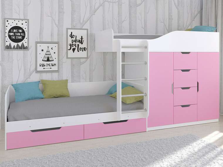 Двухъярусная кровать Астра 6 80х190 бело-розового цвета