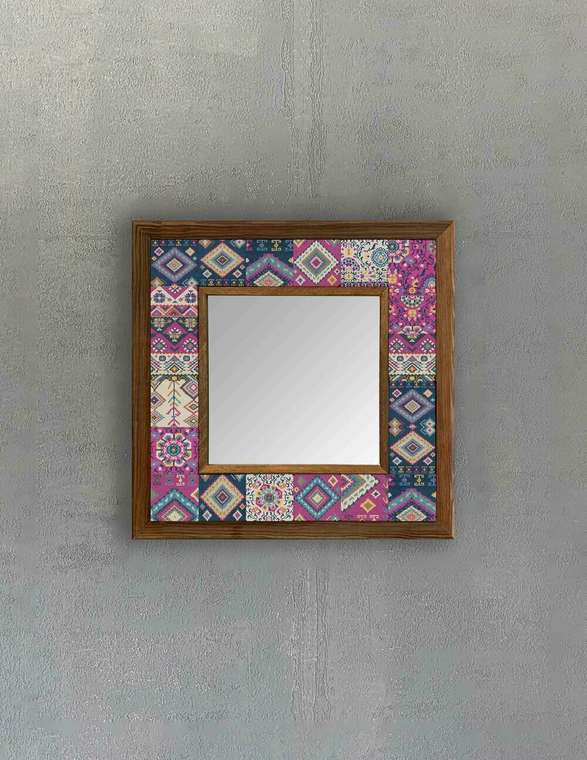 Настенное зеркало 33x33 с каменной мозаикой сине-розового цвета