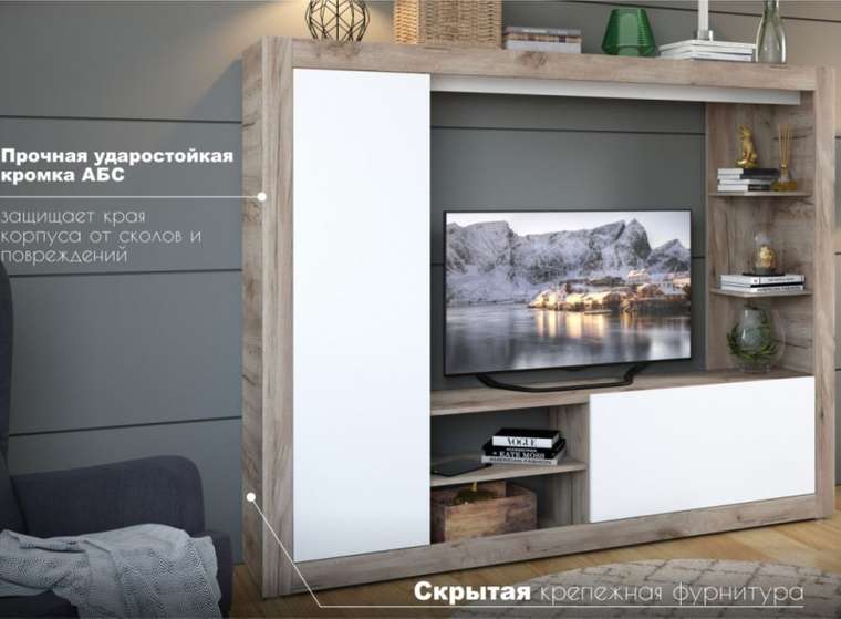 Стенка «Рона», Дуб Крафт серый/белый НЕТ РАЗМЕРОВ