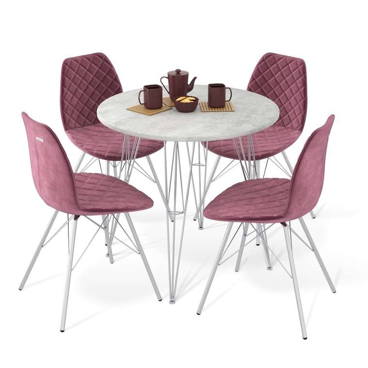 Обеденная группа из стола и четырех стульев розового цвета