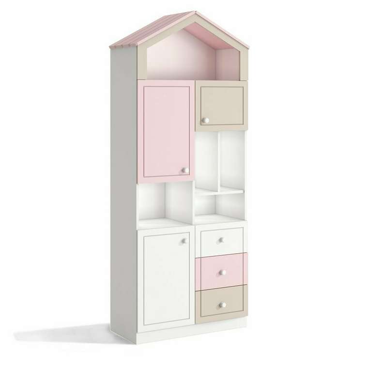 Книжный шкаф Кошкин дом бело-розового цвета