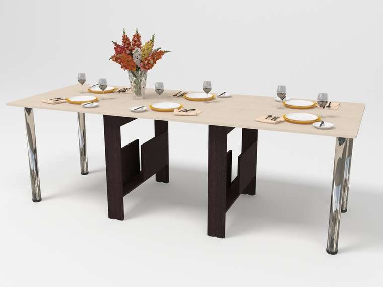Обеденный раскладной стол бежево-коричневого цвета