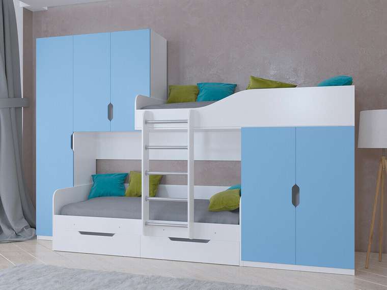 Двухъярусная кровать Лео 80х190 бело-голубого цвета