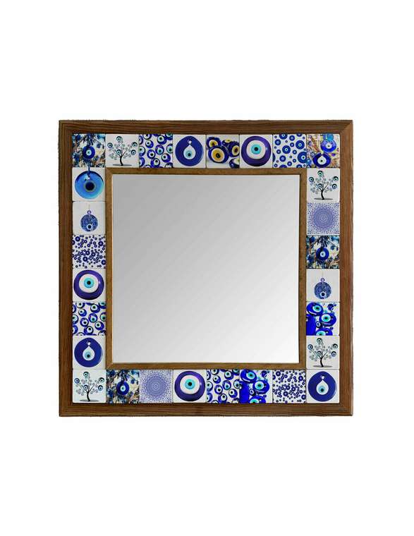 Настенное зеркало с каменной мозаикой 43x43 бело-синего цвета 