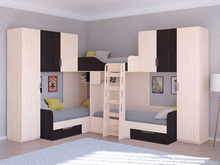 Двухъярусная кровать Трио 3 80х190 цвета Дуб молочный-Венге