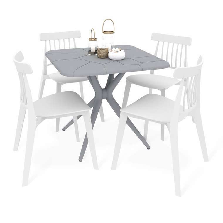 Обеденная группа из стола и четырех стульев серо-белого цвета