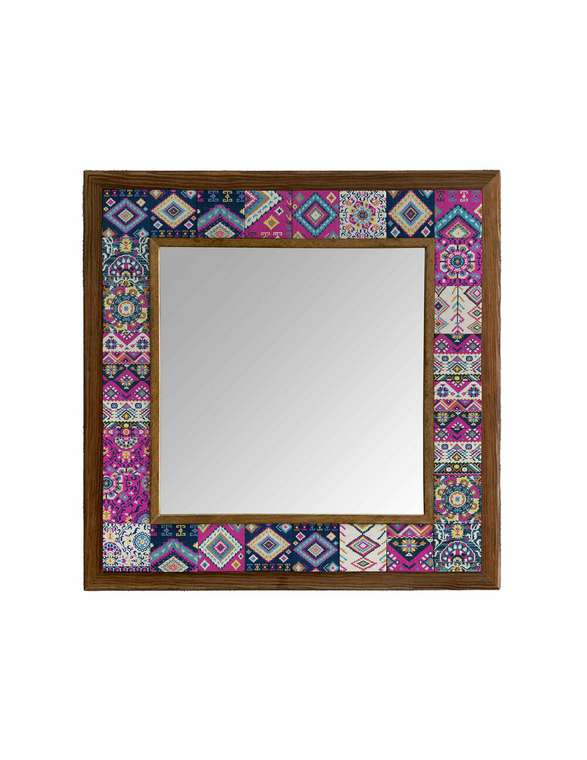 Настенное зеркало 43x43 с каменной мозаикой сине-розового цвета