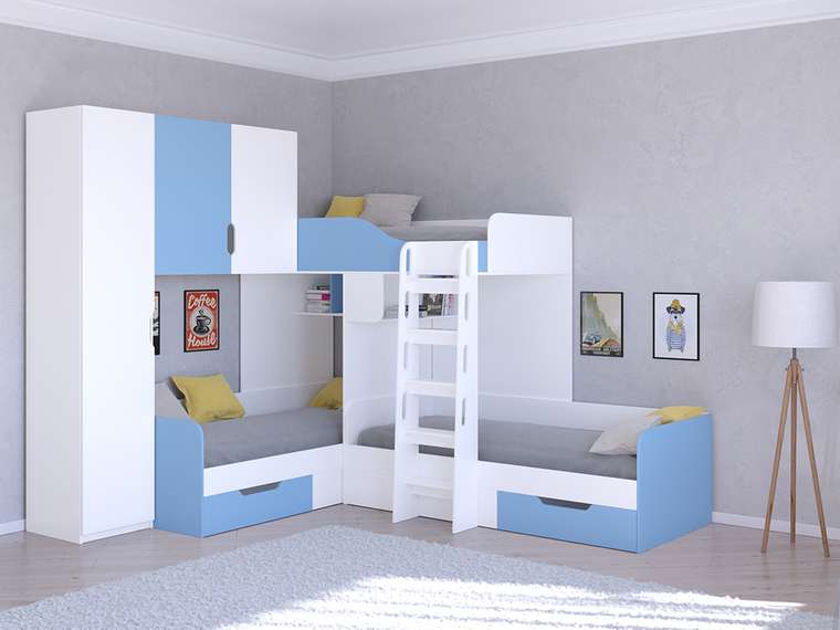 Двухъярусная кровать Трио 1 80х190 бело-голубого цвета