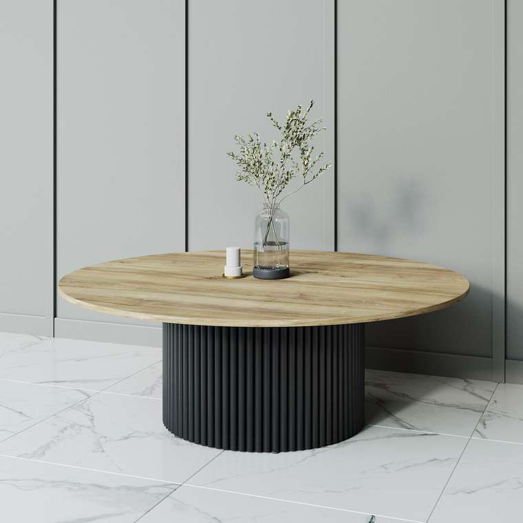 Журнальный стол Trubis Wood M 120 с металлическим черным подстольем и столешницей орех