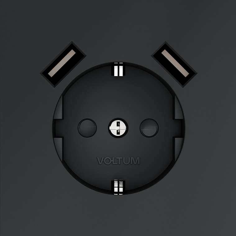 Розетка встраиваемая VOLTUM S70 с заземлением и защитными шторками, 16А, с USB, A+A, (графит)