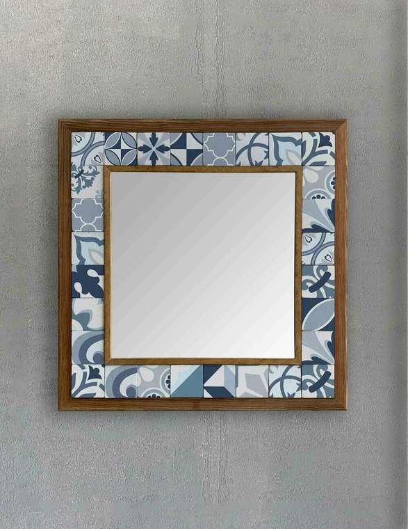 Настенное зеркало 43x43 с каменной мозаикой сине-белого цвета