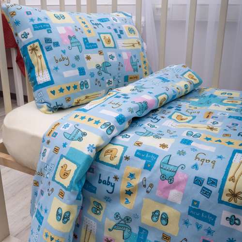 КПБ 'Карамелька' детский ясельный с трикотажной простыней 60х120х20, 100 % хлопок, 'Коляски (голубой)'