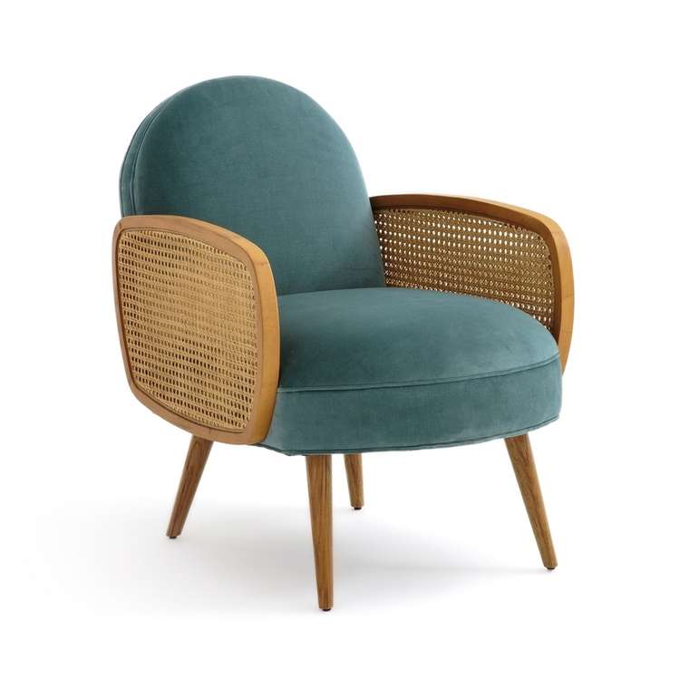 Кресло из велюра и плетеной отделкой Buisseau серо-бирюзового цвета