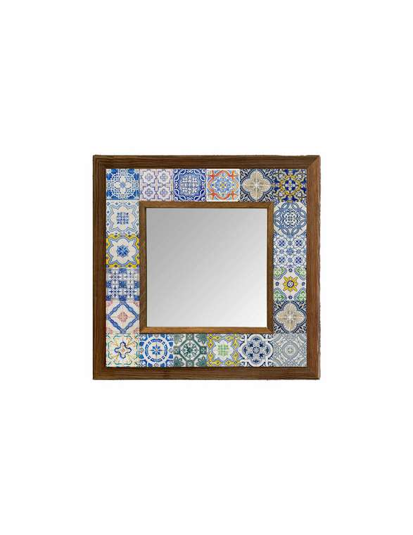Настенное зеркало с каменной мозаикой 33x33 сине-бежевого цвета