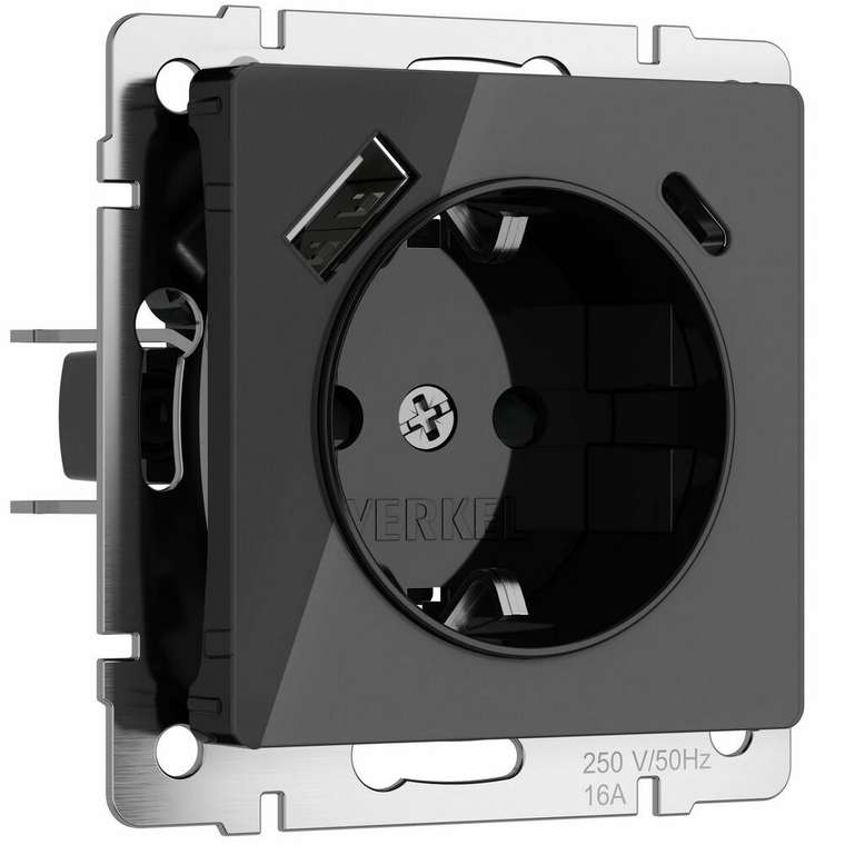 Розетка с заземлением, шторками и USB тип A+C черный акрил W1171748 Встраиваемые механизмы черные акриловые