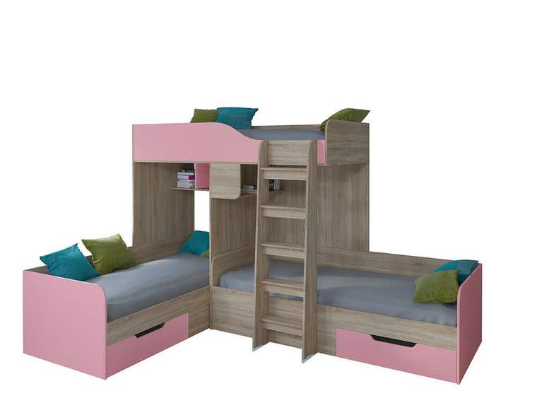 Двухъярусная кровать Трио 80х190 цвета Дуб Сонома-розовый