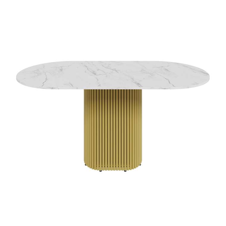 Обеденный стол овальный Trubis Wood 160 с металлическим золотым подстольем и столешницей белый мрамор