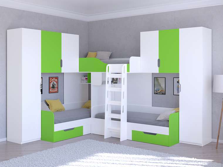 Двухъярусная кровать Трио 3 80х190 бело-салатового цвета