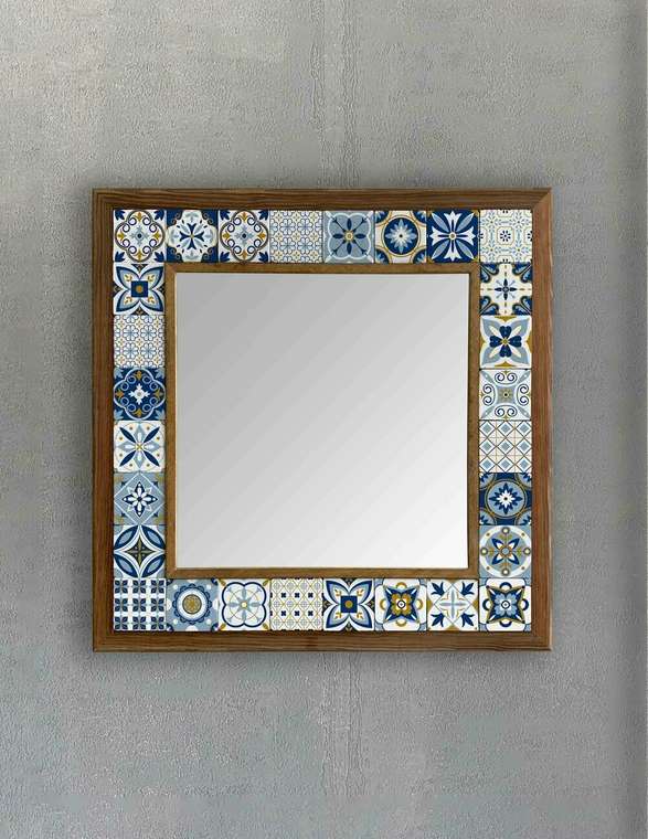 Настенное зеркало 43x43 с каменной мозаикой сине-белого цвета