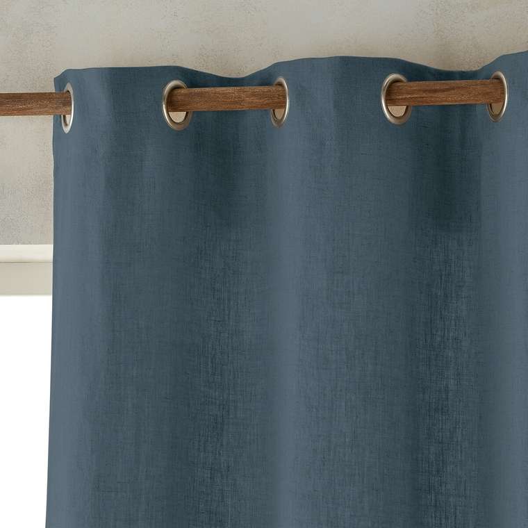 Штора из стираного льна на подкладке с люверсами Private 140x180 синего цвета