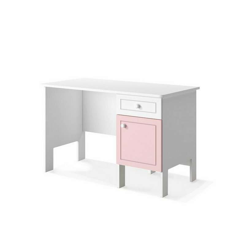 Письменный стол Кошкин дом бело-розового цвета с тумбой справа